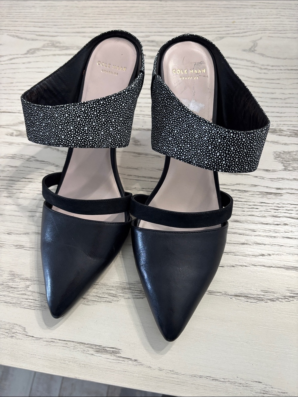 Cole Haan Black Pointed-Toe D'Orsay Heels with Speckled Ankle Strap